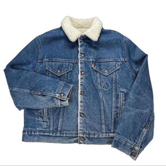 Vintage Levi’s Sherpa Lined Denim Trucker Jacket Orange Tab Size 44 USA Made - Picture 1 of 16
